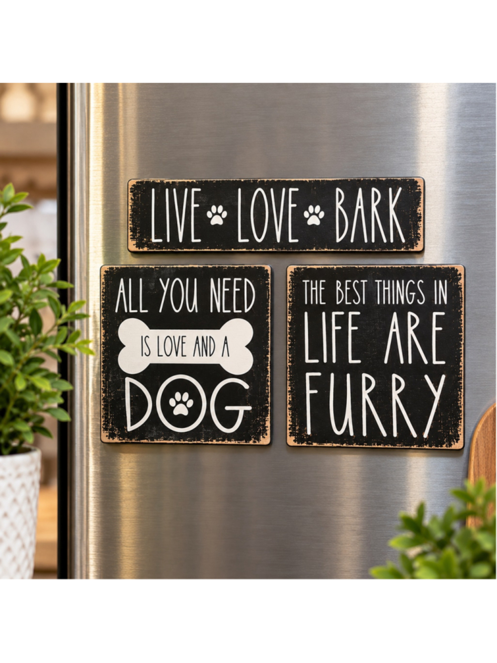 "Live Love Bark" Dog Magnet Set of 3 Black White Paw Print Decor Gift